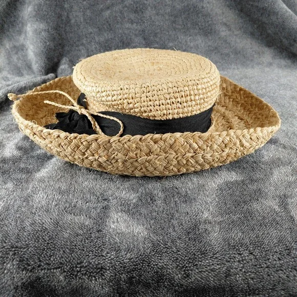San Diego Hat Co Womens Raffia Straw Boater Hat Natural Tan Black Ribbon Band - Picture 3 of 7